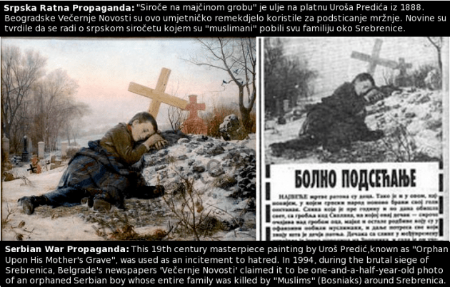 Orphan Upon His Mothers Grave by Uros Predic, to the left and Vecernje Novosti Picture to the right. Courtesy of Srebrenica Genocide Blog.