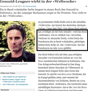 Boris Krljic a.k.a Alexandar Dorin I ett Schweizisk tidning från 2011 då hans folkmordsförnekelse börjde uppmärksammas I landet.