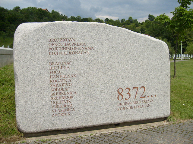 A Memorial Stone in Potocari, listing the places where victims of Srebrenica genocide came from. 